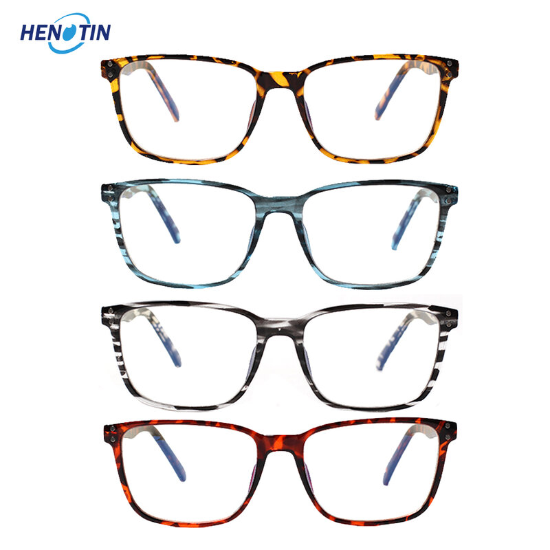 Henotin 4 팩 레트로 플라스틱 프레임 푸른 빛 차단 컴퓨터 안경 안티 uv 리더 안경 디옵터 + 1.0 + 2.0 + 3.0 + 4.0