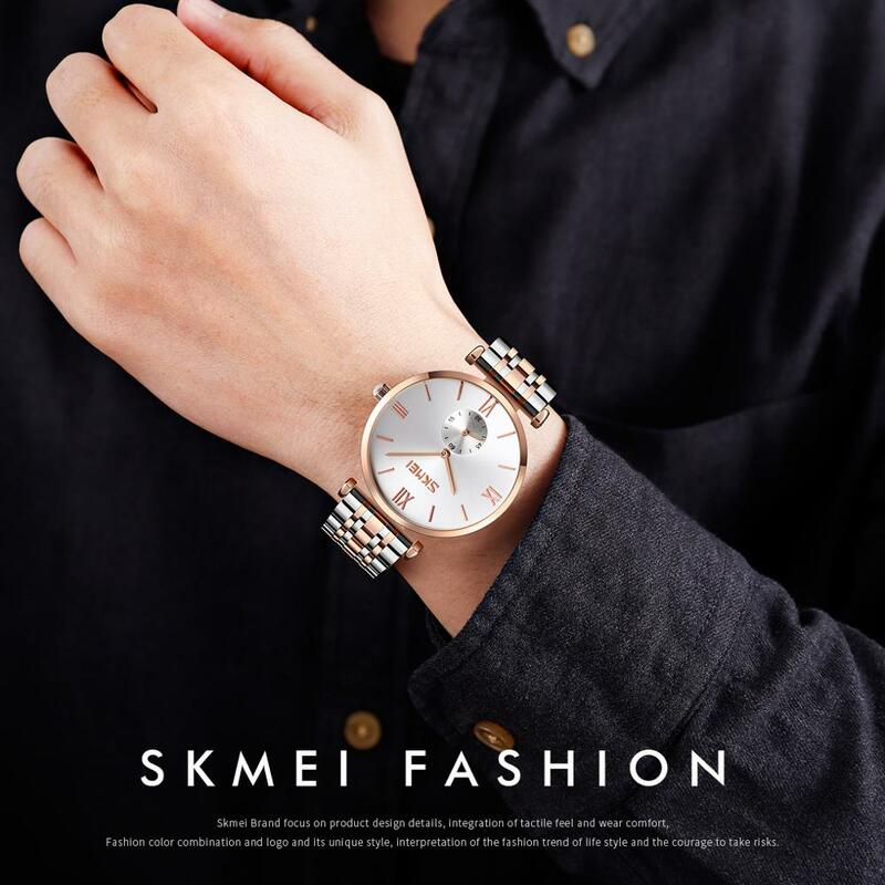 SKMEI TOP Luxury Couple Watch Golden Fashion Stainless Steel Lovers Watch Quartz Wrist Watches For Women & Men Analog Wristwatch