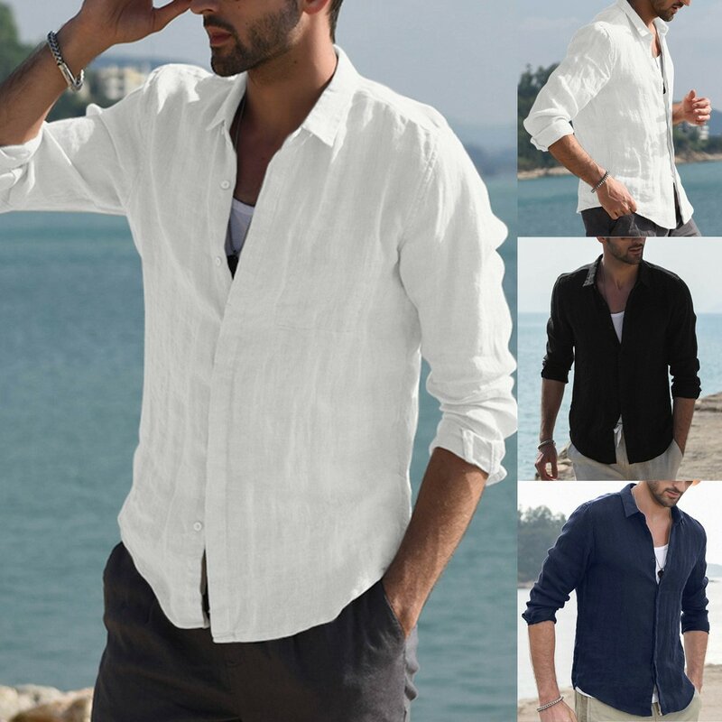 Nova camisa 2021 cross-border comércio exterior europeu e americano hit qiu dong manga longa cardigan de camisas de linho de algodão masculino