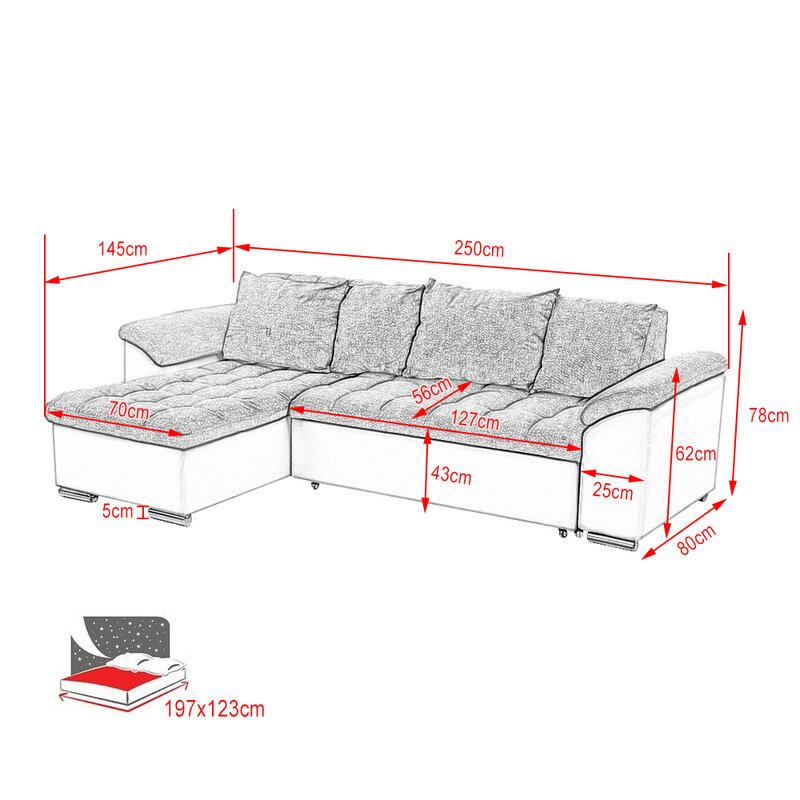Sofá cama de canto formato l com função de dormir, 197x123cm, 3 lugares, sofás com recipiente de armazenamento, novo tecido de linho + couro falso