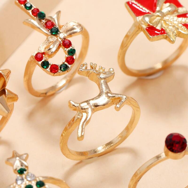 8pcs Christmas Tree Ornaments Ring Set Enamel Snowman Elk Candy Cane Rings Set For Women New Year Xmas Jewelry Gift 2022