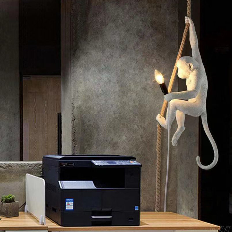 LED Resin Monkey Pendant Light SELETTI Black White Gold Modern Hemp Rope Lamps For Living Room Art Parlor Study Lights Lustre