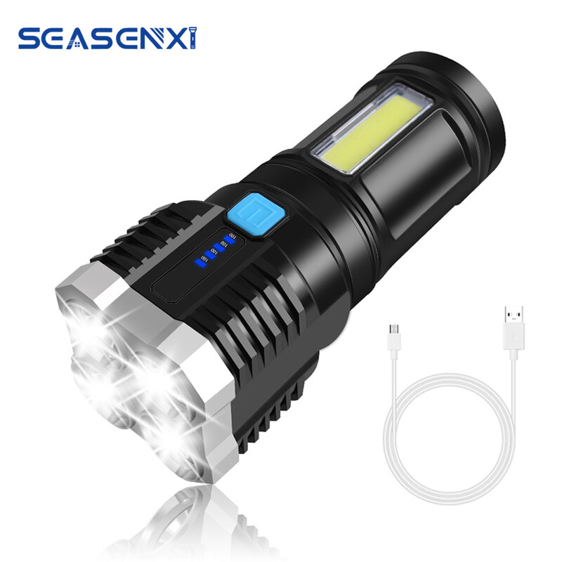 4 LED Flashlight 2000 Lumen Super Bright Torch USB Rechargeable Waterproof Flashlight with 18650 Battery 4 Modes Adjustable Lamp