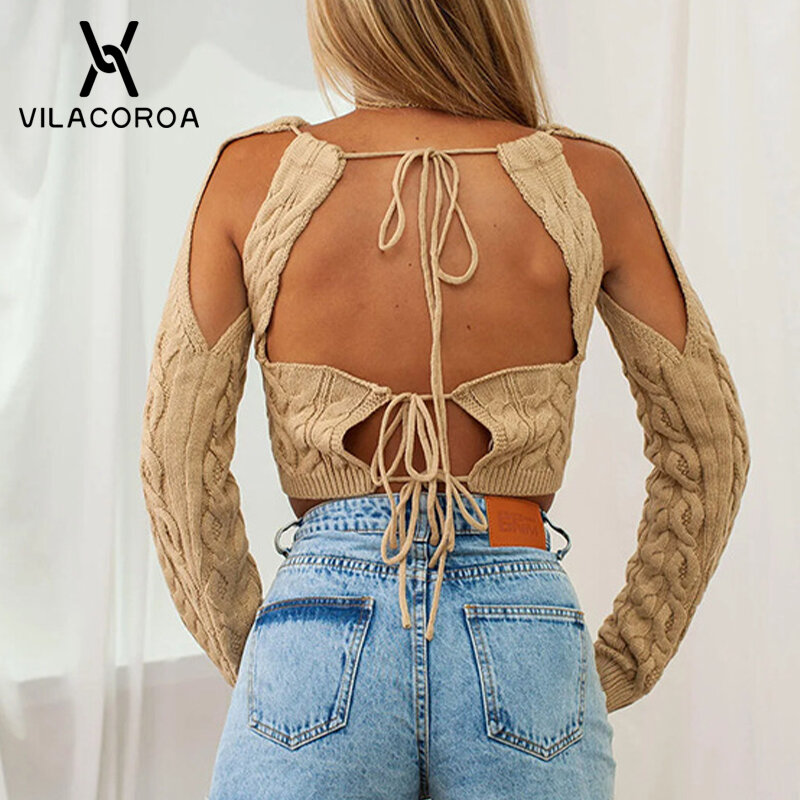 Autumn Winter Lace-Up Backless Sexy Hollow Knitted Sweater Women Splice Long Sleeve Short Knitwear White Pull Femme Sweaters