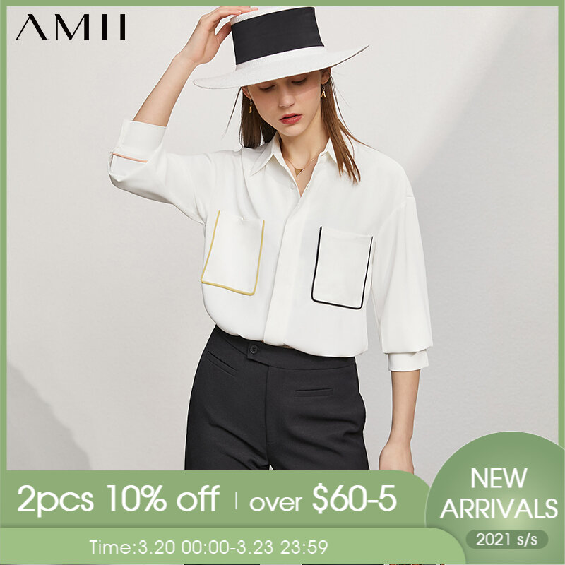 Amii minimalismo primavera verão nova camisa feminina moda retalhos turn-down collar bolso solto blusa feminina topos 12140328