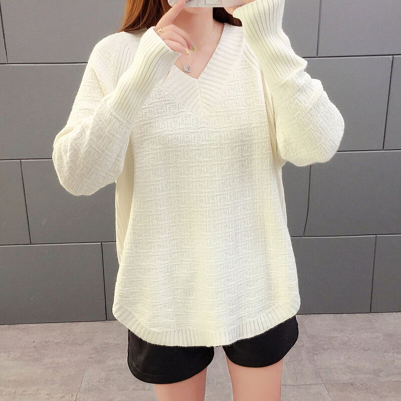 Damskie zimowe ubrania koreański leniwy styl luźna bluzka na wszystkie mecze V-neck wewnętrzny sweter długa koszula prostota damskie swetry