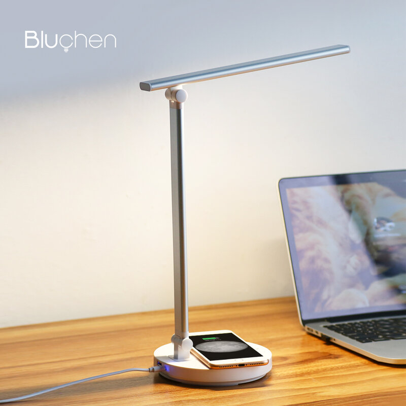 Lâmpada de mesa com telefone carregamento sem fio lâmpada de mesa para o trabalho estudo 3 ajuste temperatura cor escurecimento lâmpada de leitura luz