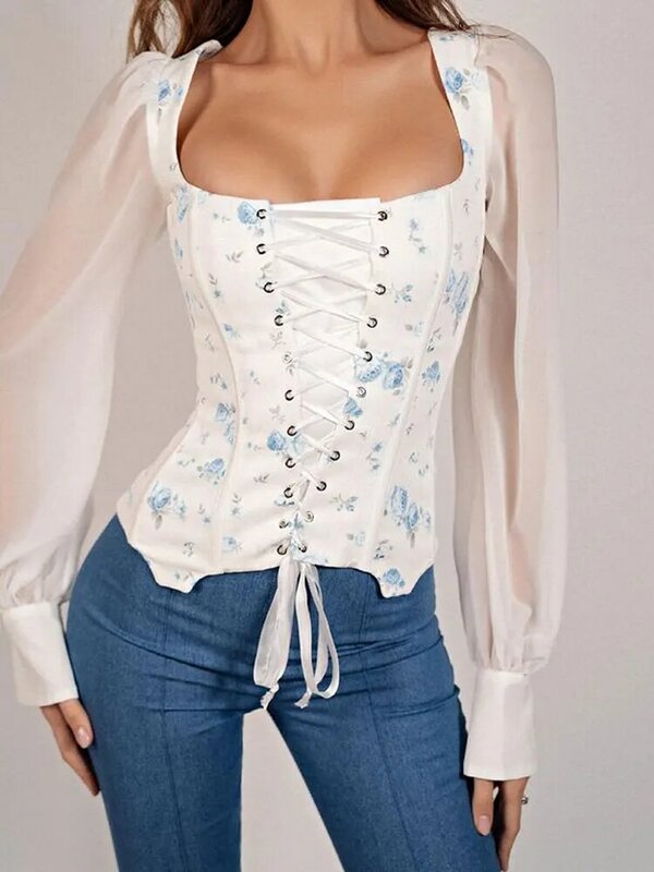 2021 Summer See Through Sexy Woman Daily White Blouse Bandage Sheer Mesh Square Neck Long Sleeve Floral Print Eyelet Lace Up Top