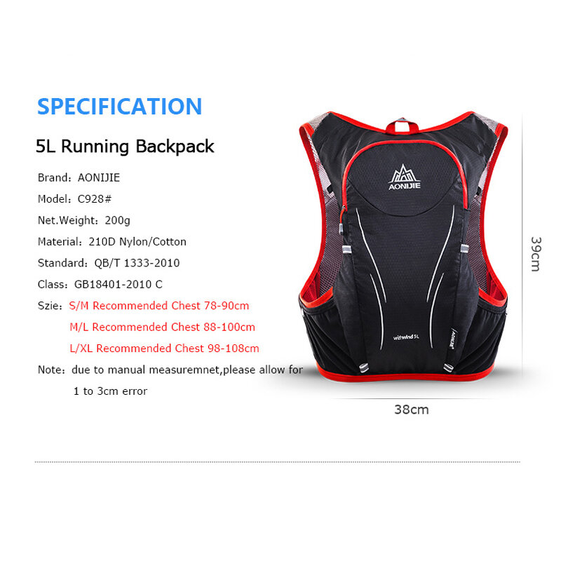 AONIJIE 5L Hydration Backpack Bag Vest For 2L Water Bladder Outdoor Hiking Running Marathon Race Trail Sports