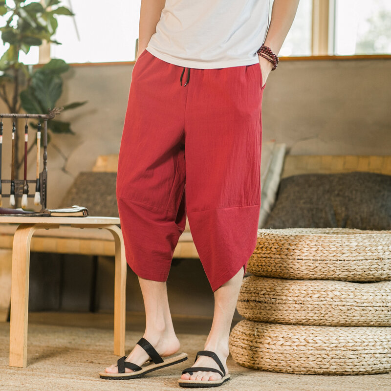 Pantalones de harén de algodón de verano Casual hombres pantalones de Hip Hop Cruz Bloomers-pantorrilla pantalones larga Streetwear #K8028 Red 