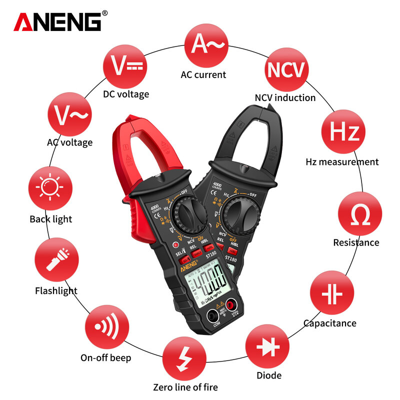 ANENG-Medidor de pinza Digital ST180, 4000 recuentos, multímetro de Corriente CA, amperímetro, probador de voltaje de coche, Amp Hz, capacitancia, NCV, Ohm, herramienta