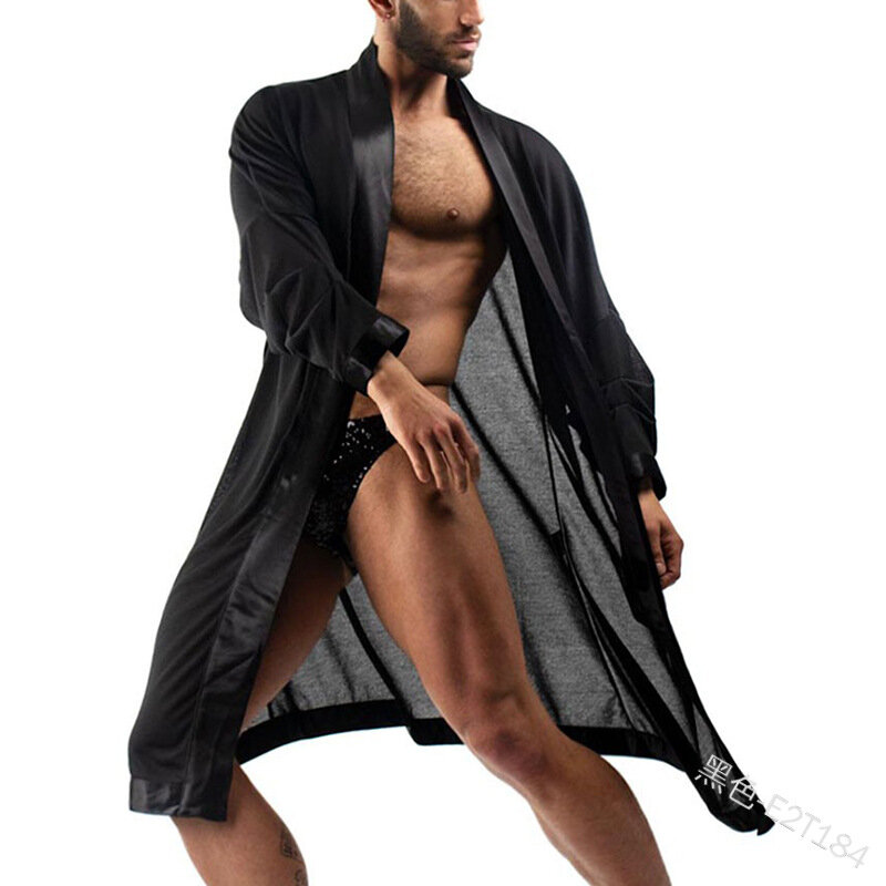 Camisón sexy de manga larga para hombre, cárdigan de color sólido, pijama de longitud media, bata para hombre, estilo explosivo, 2021