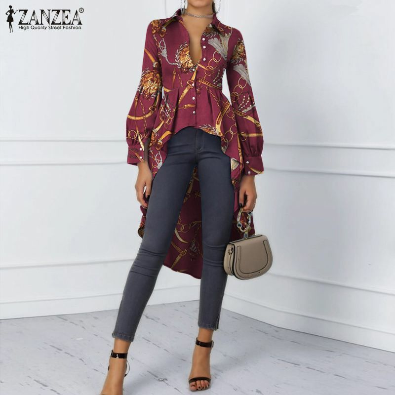 ZANZEA-camisa elegante para mujer, Túnica Irregular Sexy con volantes, Blusa holgada de manga larga para otoño 2021
