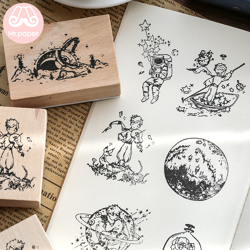 Mr.paper Vintage Little Prince Moon Decoration Stamp Wooden Rubber Stamps for Scrapbooking Stationery DIY Craft Standard Stamp