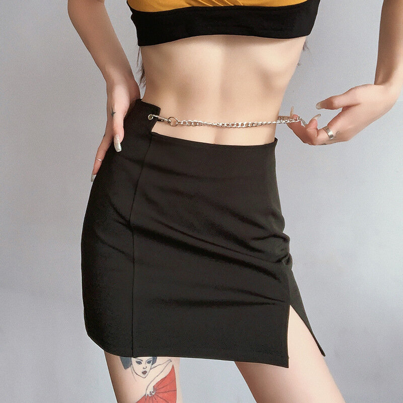 Женская юбка с цепочкой, Сексуальная мини-юбка с высокой талией и разрезом в стиле Харадзюку, лето 2021