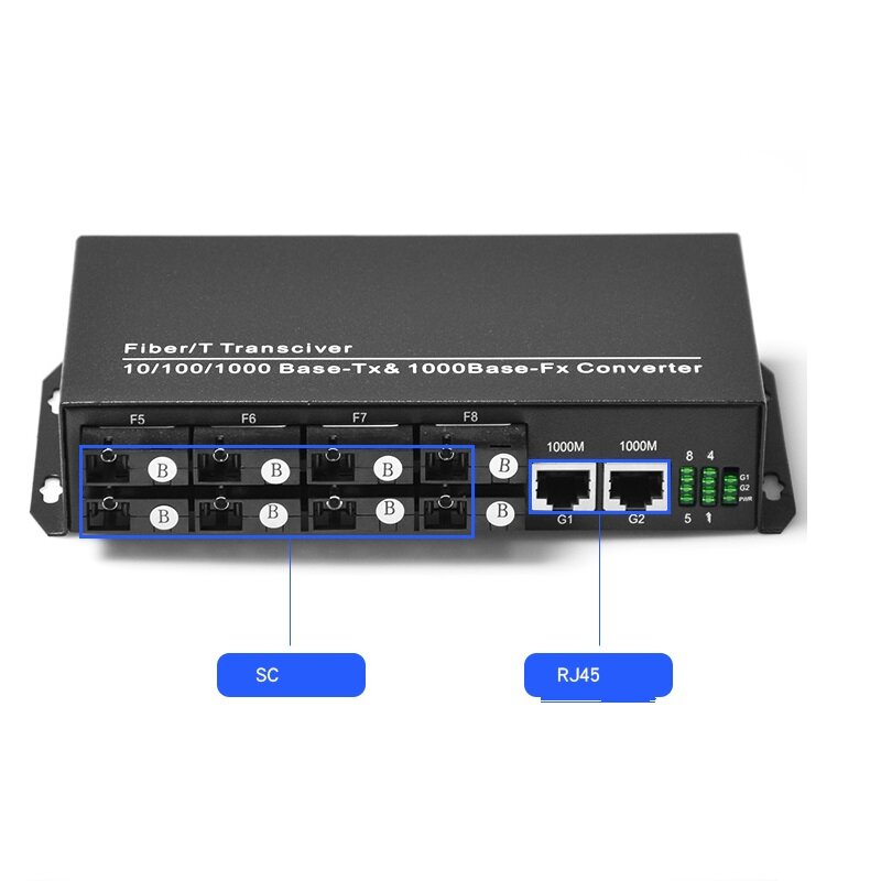 Transceptor de fibra óptica Gigabit, 8 puertos de fibra óptica, 2 puertos Ethernet RJ45, conversor de medios de fibra óptica de un solo modo