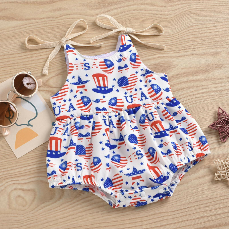 Baby Girl Independence Day Suspender Jumpsuit Stars & Stripes Print Round Neck Bow Lace-Up Triangle Romper for Summer 0-24Moths