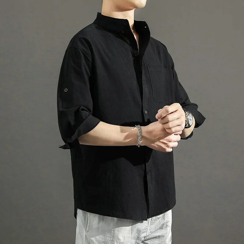 LUCLESAM-Camisa de lino y algodón para hombre, camisa informal transpirable de manga corta con cuello levantado y bolsillo, Tops de verano