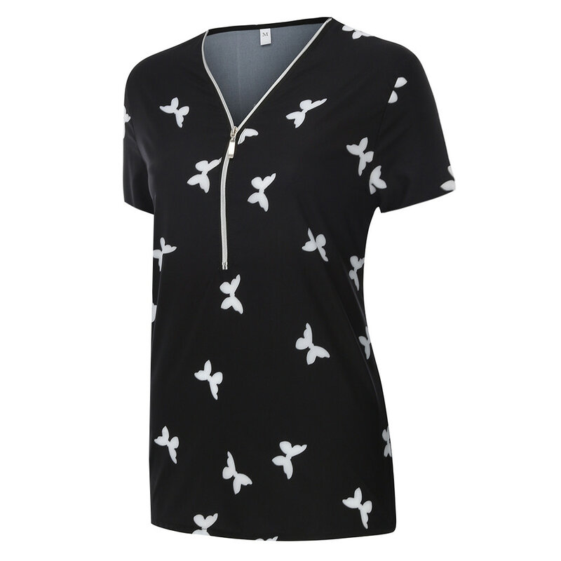 Impressão de borboleta branca t camisas mulheres zíper senhoras plus size manga curta com decote em v pulôver camisa primavera elegante camiseta para mulher