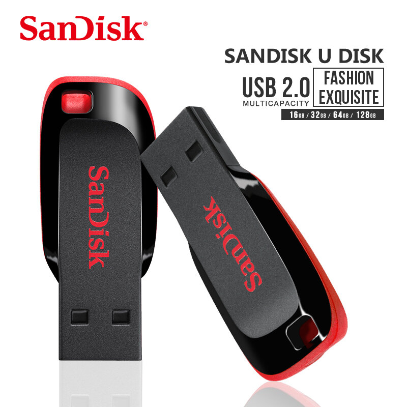 SanDisk 100% 오리지널 Cruzer Blade CZ50 USB 플래시 드라이브, 128GB 64GB 32GB 16GB 펜 드라이브 USB 2.0 디스크 Pendrive 메모리 스틱