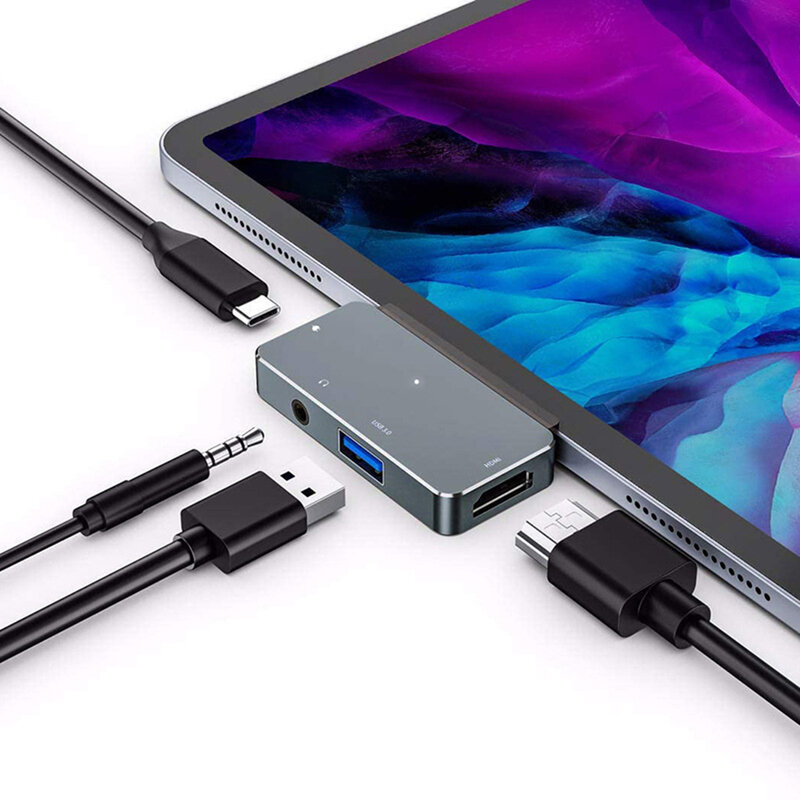 Concentrador de puertos USB tipo C para iPad Pro 2020, 4 en 1, con USB 3,0, PD, 3,5mm, para Huawei Mate 40, Puerto divisor de USB-C