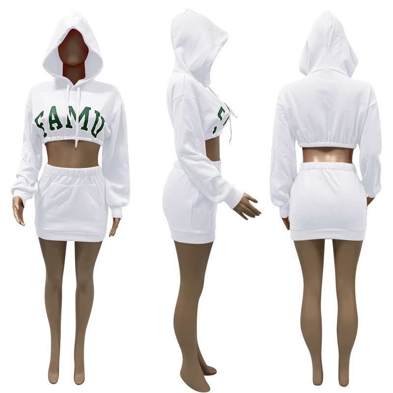 Hoodie Cetak Huruf Wanita Setelan Olahraga 2 Potong Set Rok Lengan Panjang Crop Top Kaus Pendek dan Rok Setelan Pakaian Wanita 2021