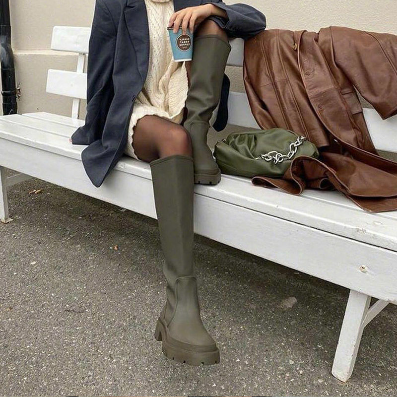 Botas altas hasta la rodilla para Mujer, zapatos de tacón alto de cuero genuino, a la moda, otoño e invierno, 2022