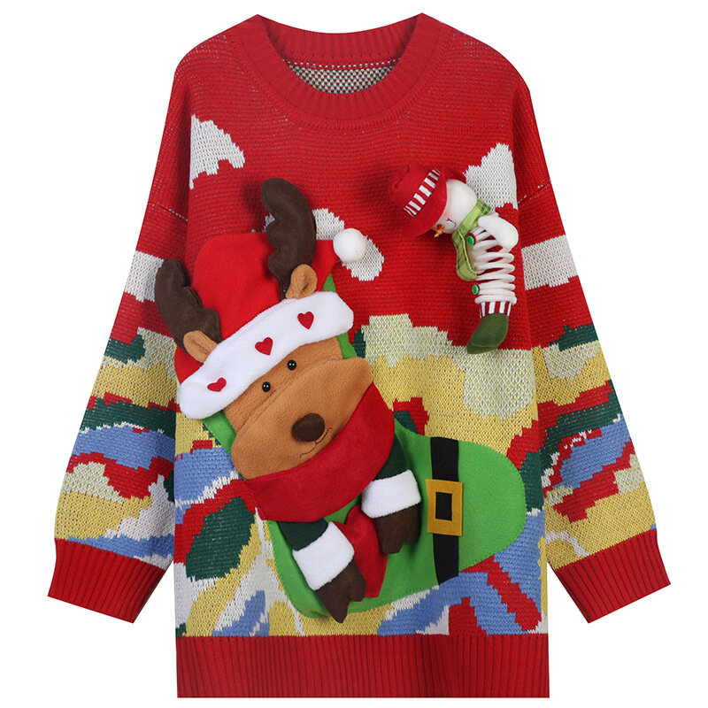 Вязаный пуловер с круглым вырезом, Модный хлопковый женский свитер, повседневное пальто, женская уличная одежда в рождественском стиле для ...