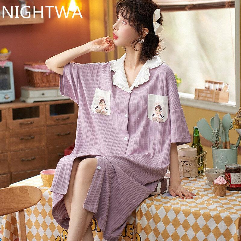 NIGHTWA primavera estate donna Short Cotton Sleepwear Home Nightshirt donna casual Sleepwear Loose Ladies Nightgown Women Dress
