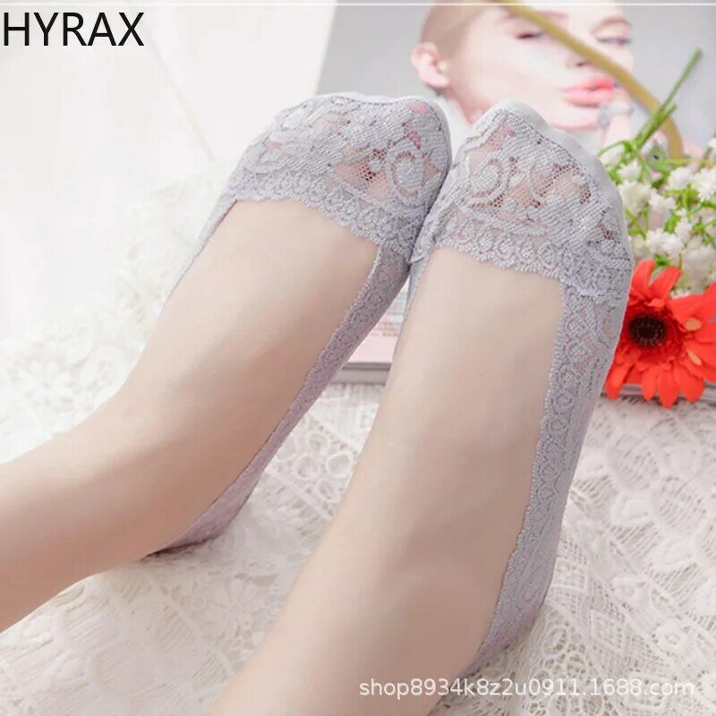 Hyrax meia feminina de renda versão coreana, de silicone leve boca invisível cor sólida de algodão, fabricante de meias com fundo