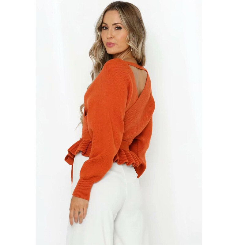 2019 Fashion Women V neck Sweaters Long Sleeve Soft Backless Autumn Winter Casual Sweater Thick Warm Lotus Edge Pullover Tops