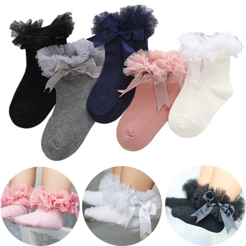 0-8Y Cute Princess Bowknot Lace Baby knee high Socks Non Slip Baby Girl Socks Newborns Infant Toddler Short Ankle Socks