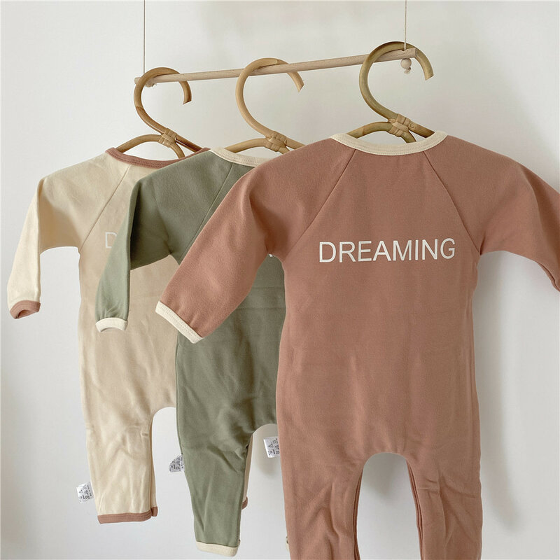 Bebê recém-nascido da criança meninos meninas roupas carta impressão em torno do pescoço macacão plissado manga longa algodão macacão