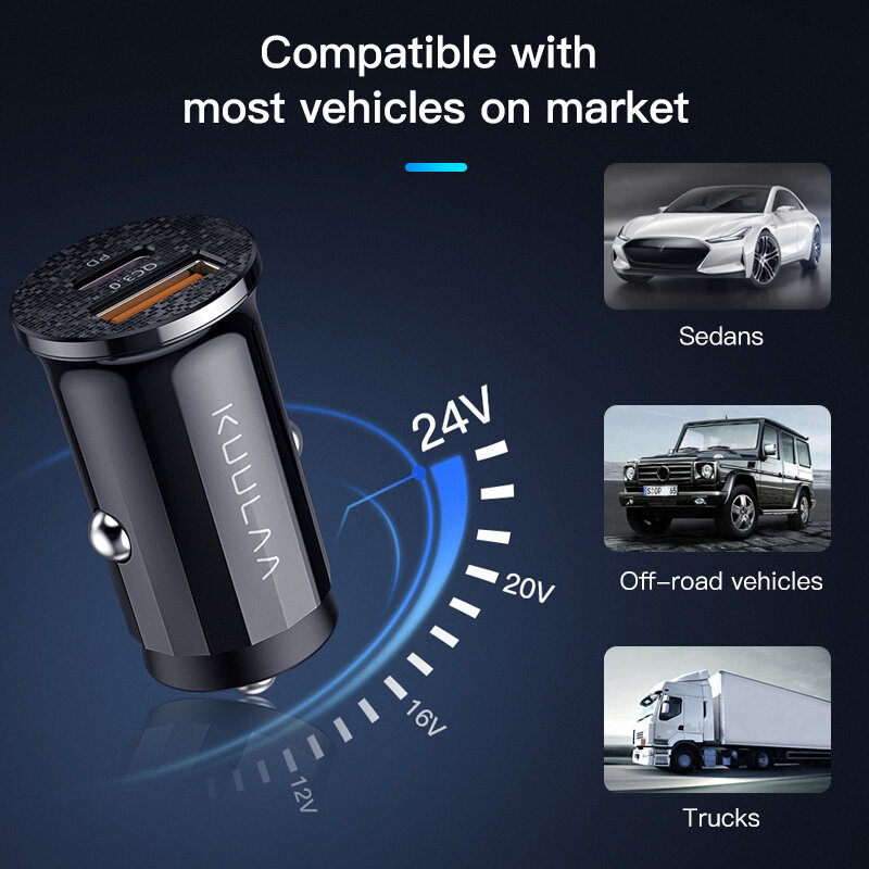 KUULAA-Carregador de Carro Mini USB, Carga Rápida 4.0, PD 3.0, 48W, Carregamento Rápido, iPhone, Huawei, Xiaomi Mi, Tipo C Celular