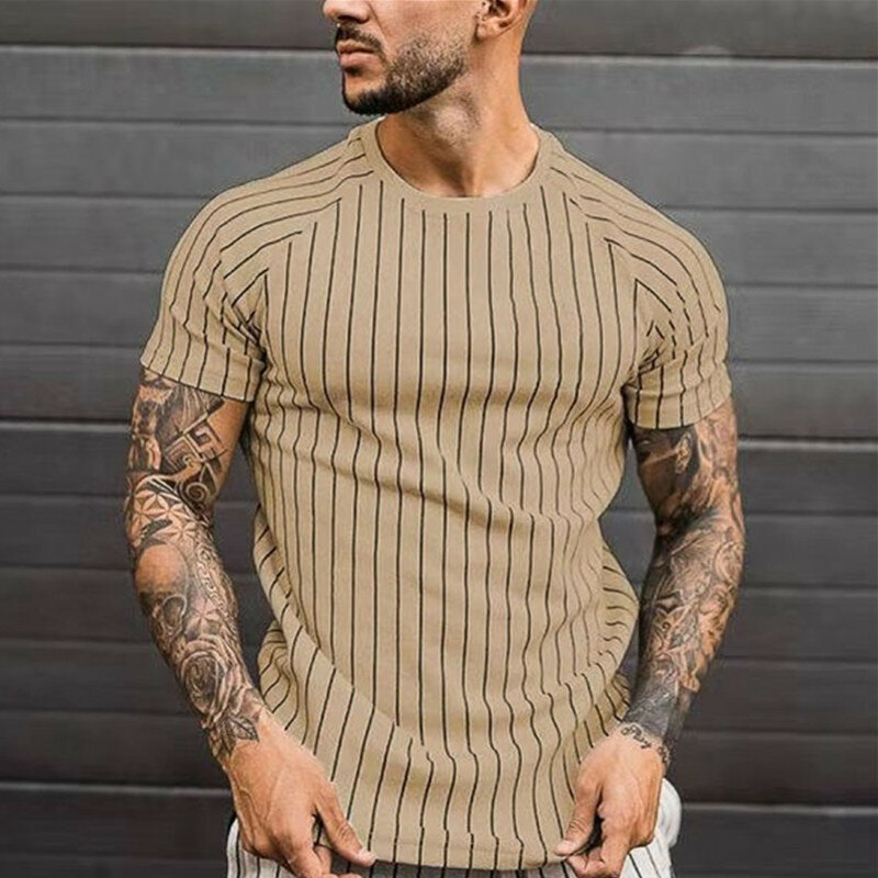 Camisetas de manga corta para hombre, camisas informales con cuello redondo a rayas, estampadas, de manga larga, 2021