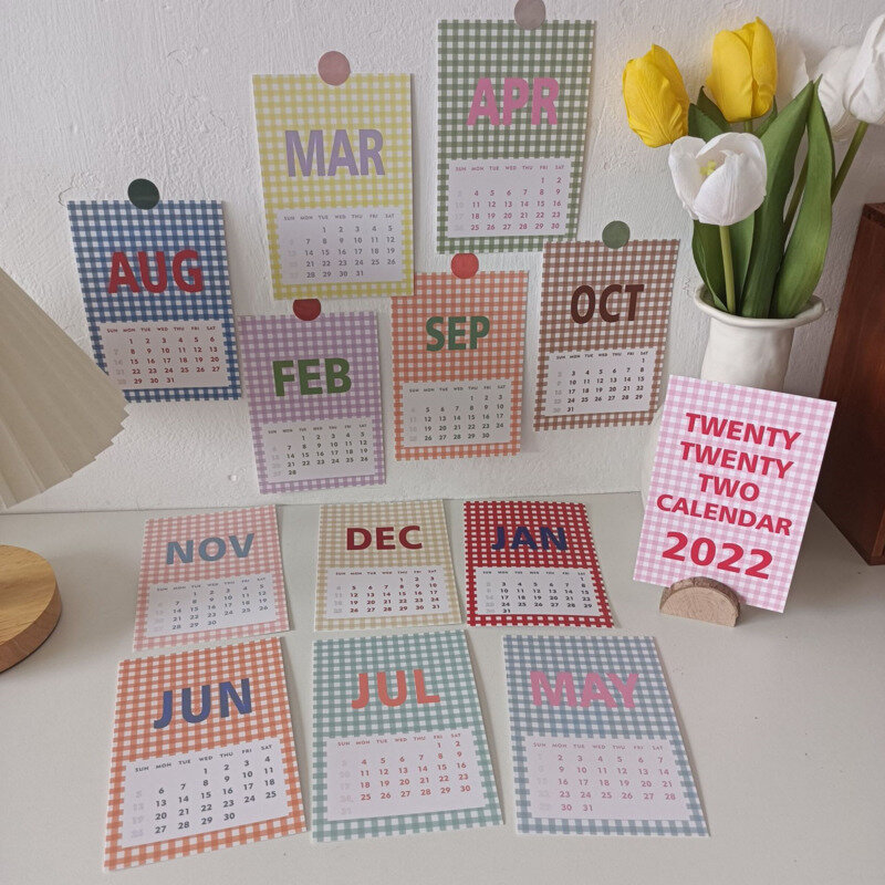 2022 Retro Checkered Calendar Card Set Korean Ins Home Decor Background Wall Sticker Postcards Cute Decorative Card 13 Sheets