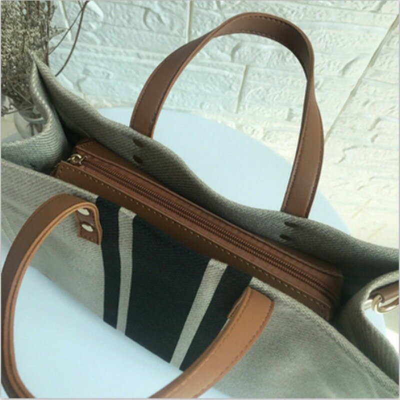 Fashion Large  Canvas Bag with Zipper Handbag For Women Vintage Striped Totes Shoulder Crossbody Ol Business Briefcase Korean