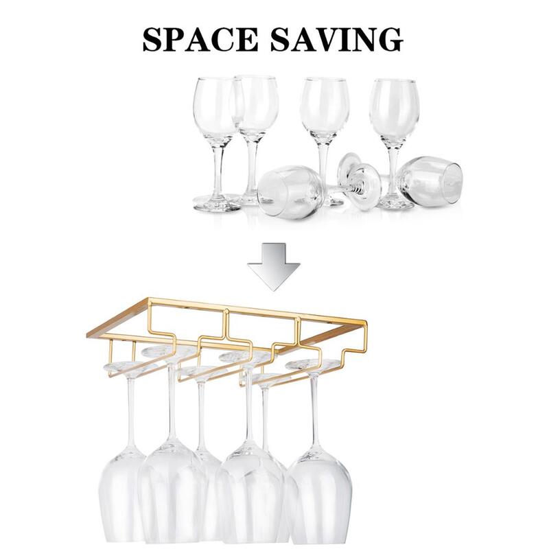 Wine Glass Rack - Under Cabinet Stemware Wine Glass Holder Glasses Storage Hanger Metal Organizer for Bar Kitchen Gold Bar Table