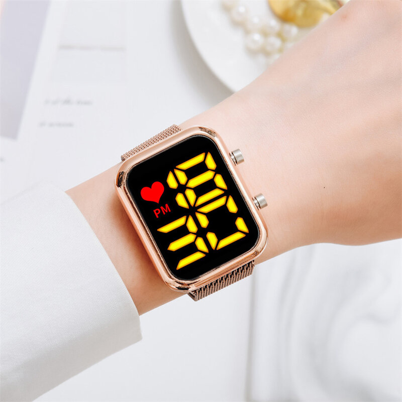 Proste kwadratowe różowe złoto kobiety LED zegarki elektroniczne magnes pasek z siatki ze stali nierdzewnej zegarki damskie moda kobieta zegar