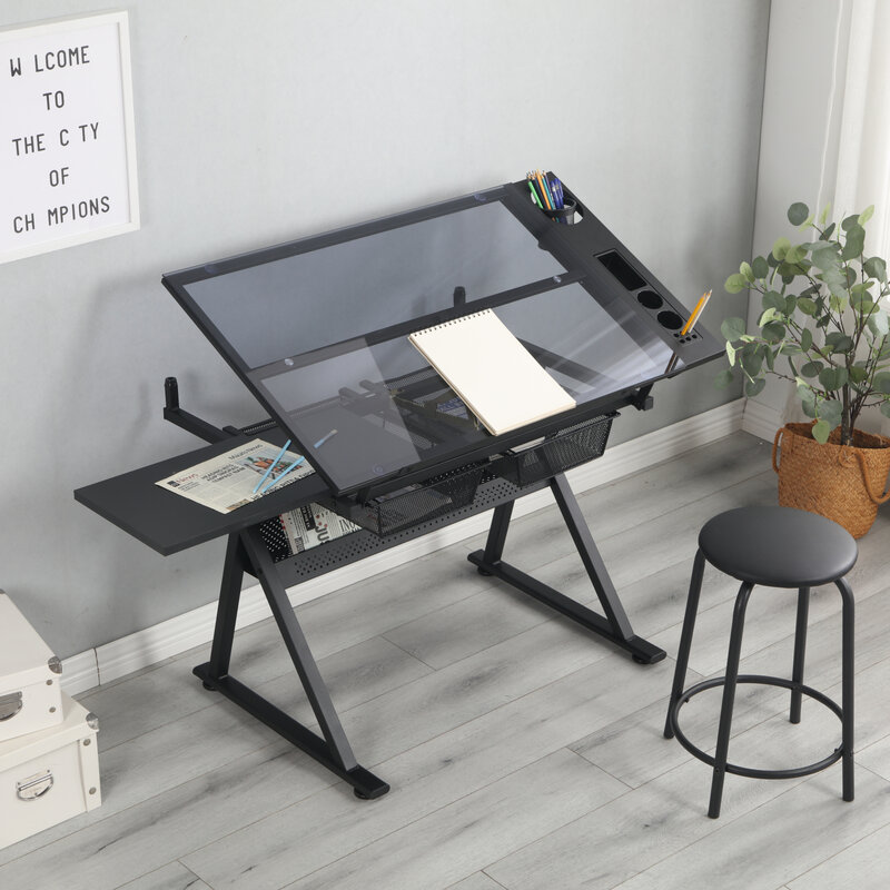 Table d'impression multifonctionnelle Table en verre trempé réglable avec tiroir noir pour Table à dessin de travail confortable