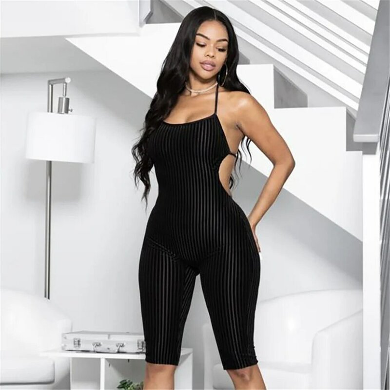SSEURAT   Stripe Halter Neck Sexy Women Overalls Solid Sleeveless One Piece Jumpsuit Body-Shaping Skinny Overalls