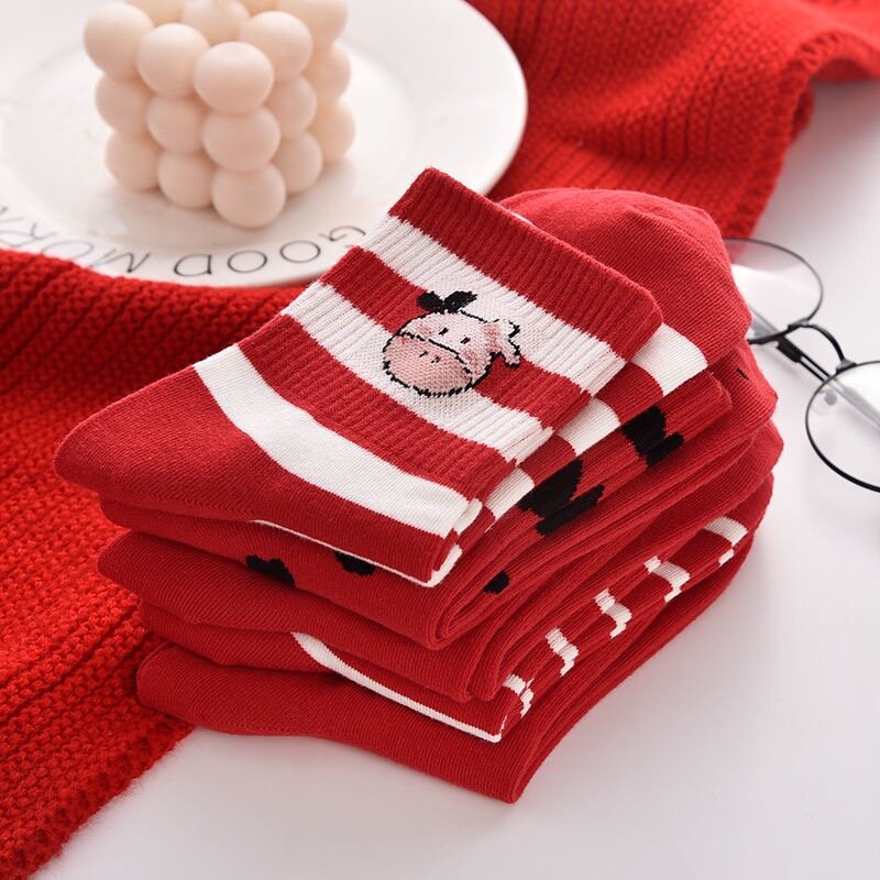 5 PairsRed Socks Female Korean Style Of The Tube Ins Tide Cute Cartoon Japanese Students' Natal Year Of The Ox Year Socks Coup