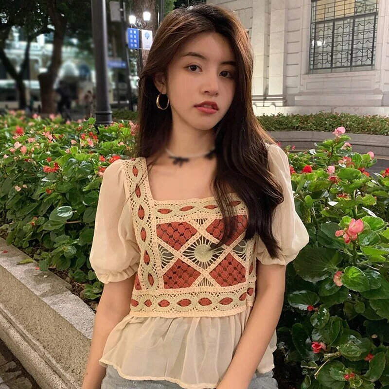 Moda verão vazada bordada manga bufante gola quadrada casual tops para mulheres camisetas camisetas coreanas vintage blusas de manga curta tops