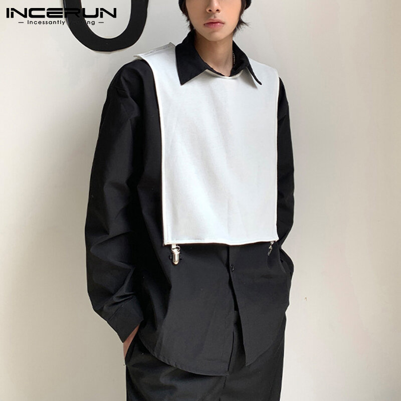 Camisa Handsome männer Gefälschte Zwei-stück Bluse Nähte Design Casual Koreanische Stil Schal Hemd Lange ärmeln Westen s-5XL INCERUN