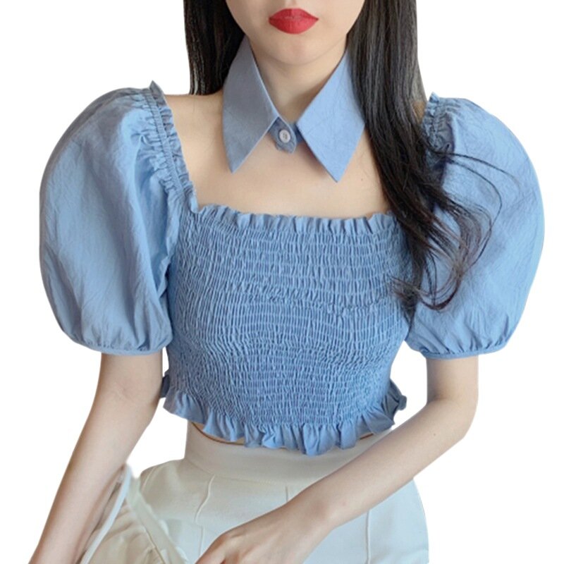 Blusa feminina tomara que caia, camiseta feminina sem alças manga bufante vintage manga curta branco roxo azul