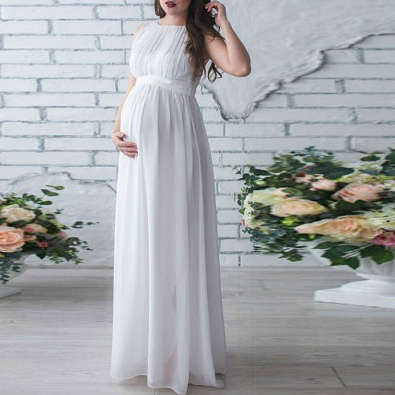 Elegante vestido de mulher chiffon sem mangas maxi vestido de cor sólida vestido de gravidez grávida vestido de enfermagem para sessão de fotos
