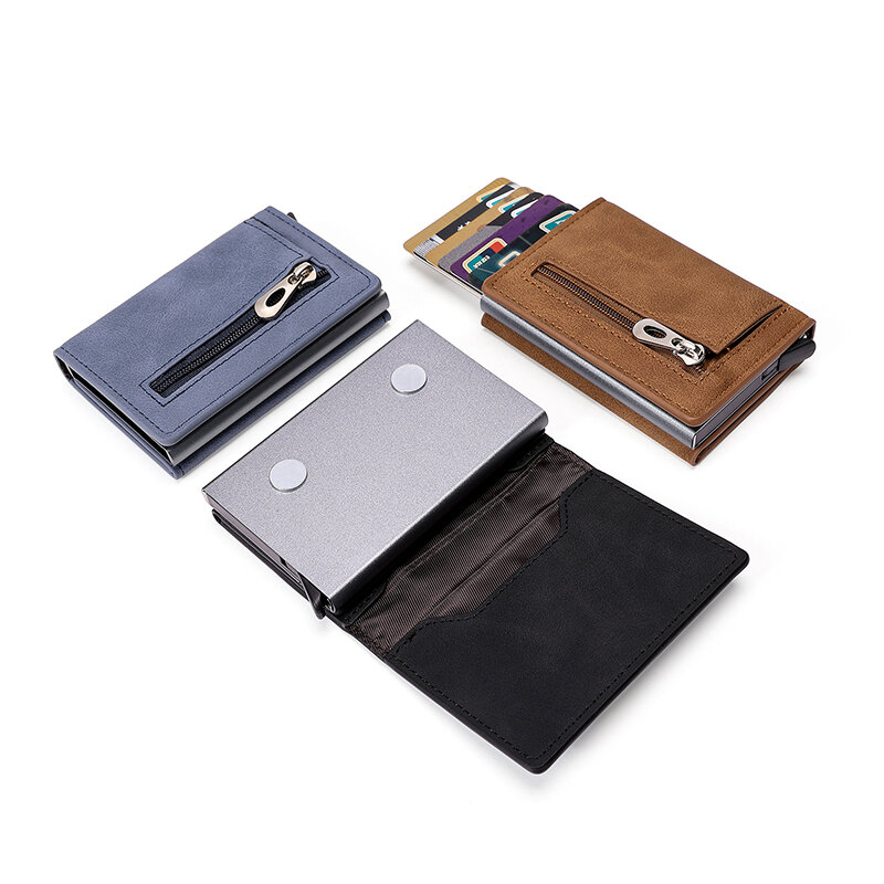 ZOVYVOL-cartera personalizada para hombre, billetera de cuero PU con bloqueo RFID, tarjetero de crédito, con cremallera, monedero, caja de aluminio