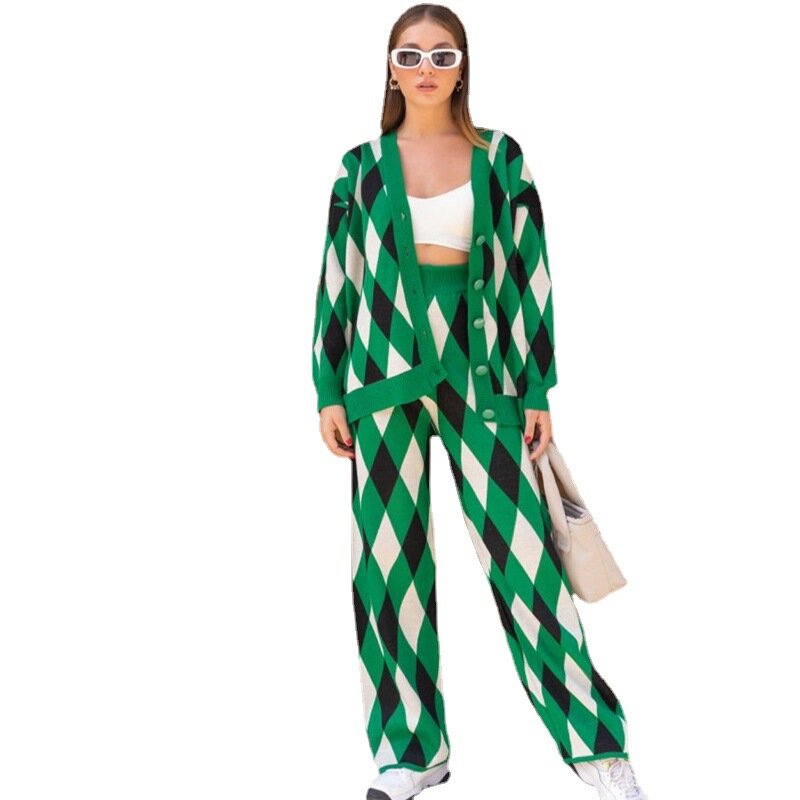 Women's Long-sleeved Knitted Cardigan and Wide-leg Pants Suit 2021 Autumn Winter New