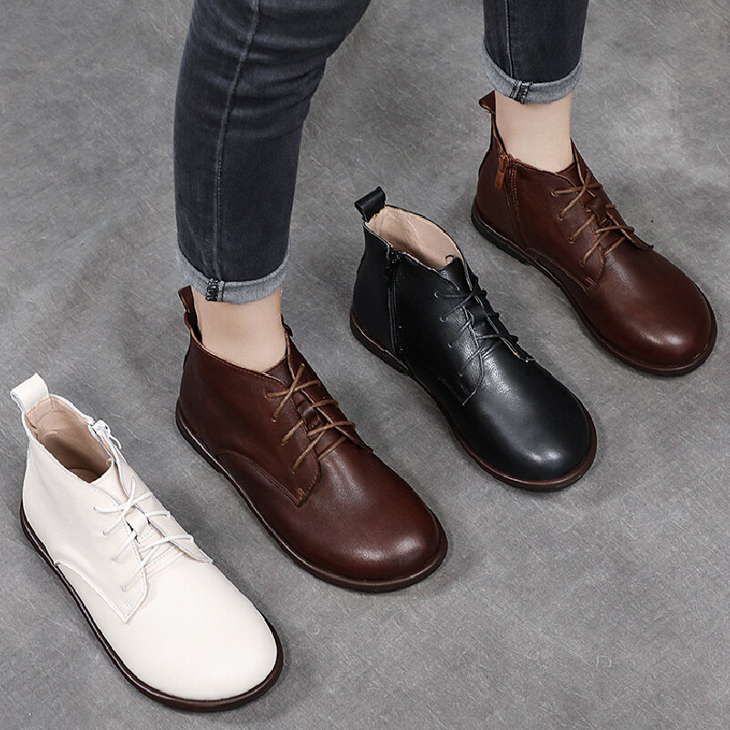 PEIPAH Oxford-zapatos de cuero genuino para mujer, botines de otoño con cordones, botas de goma femeninas planas con zapatos deportivos, 2021
