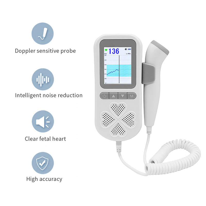 Doppler-Monitor Fetal de latido del corazón, Detector de frecuencia cardíaca Fetal sin radiación, batería recargable integrada, medidor de voz Fetal, 3,0 MHz